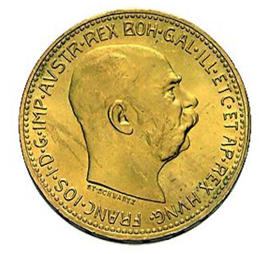 Vorderseite der österreichischen 20 Kronen Goldmünze mit dem Porträt von Kaiser Franz Joseph I.