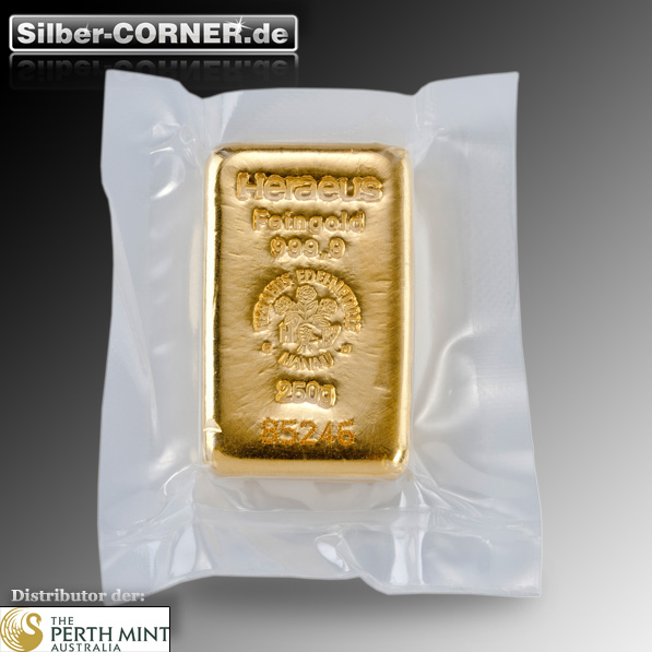 250 Gramm gegossener Goldbarren Heraeus