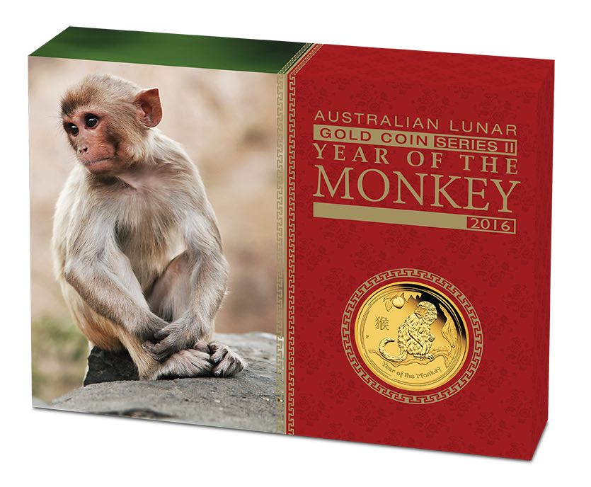 Verpackung Lunar 2 Jahr des Affen 1 Unze Gold 2016