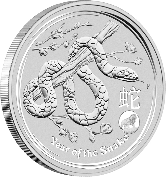 Motivseite Lunar II Schlange 1 Oz Silber 2013 mit Privy Mark Löwe