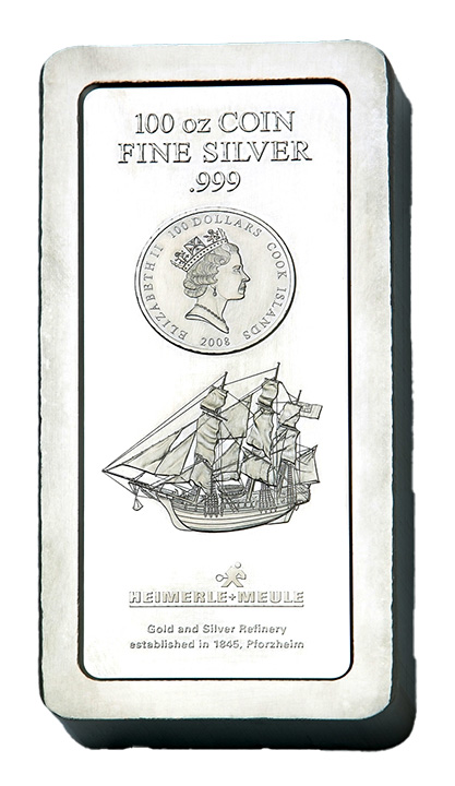Heimerle + Meule 100 oz Silber-Münzbarren Cook Island