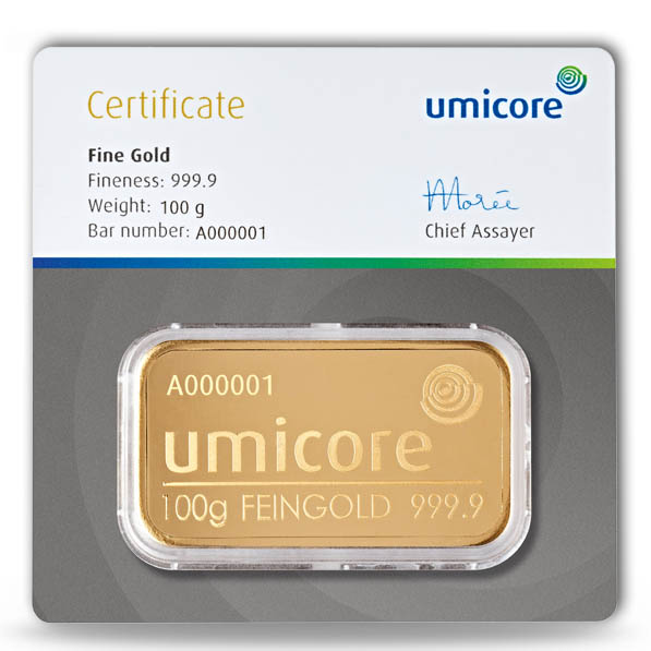 100 Gramm geprägter Goldbarren Umicore