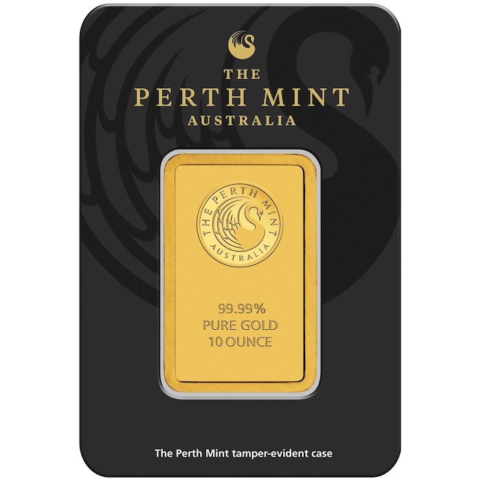10 Oz Goldbarren Perth Mint Vorderseite schwarze Certicard Verpackung