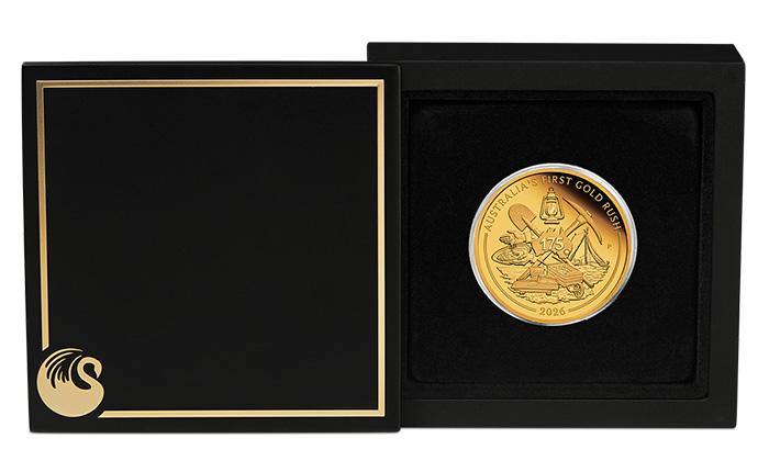 First Gold Rush 1 Oz Gold 2026 Sammlerbox in Schwarz Lieferumfang.