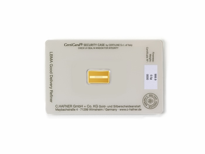 Seriennummer und Zertifikat des C. Hafner 0,5 Gramm Goldbarren hier kaufen.
