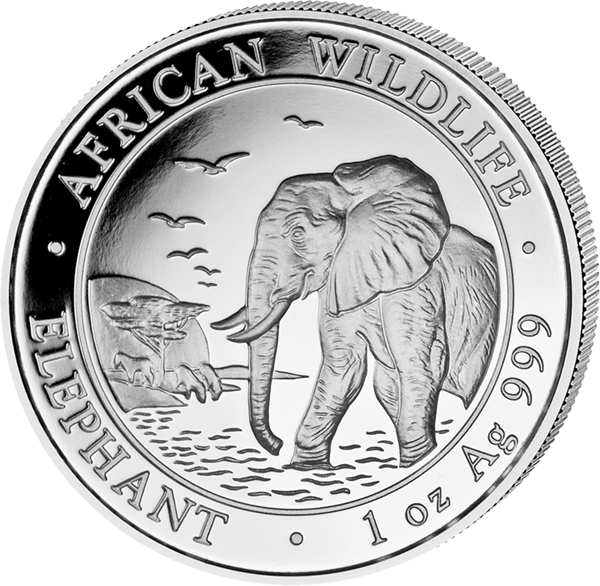 Vorderseite Somalia Elefant 1 Unze Silber 2010 Motiv Wasserstelle