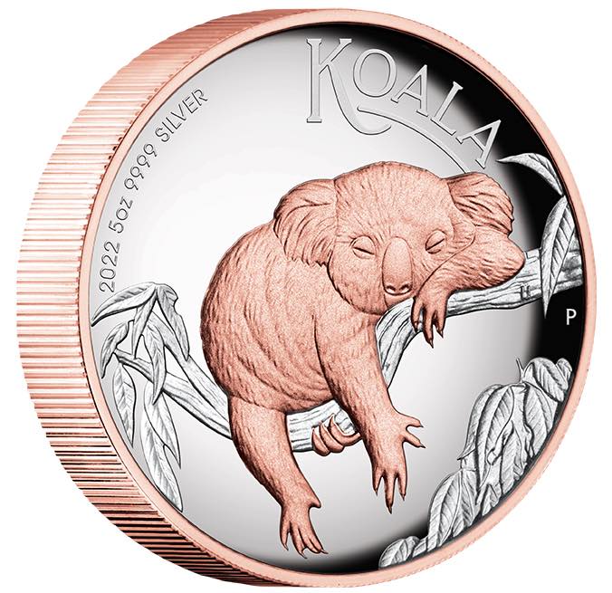 Australien Koala 5 Oz Silber vergoldet 2022 Revers Roségold Motiv