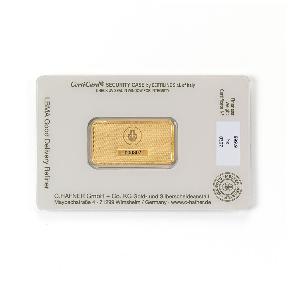 5 Gramm Hafner Goldbarren im Blister
