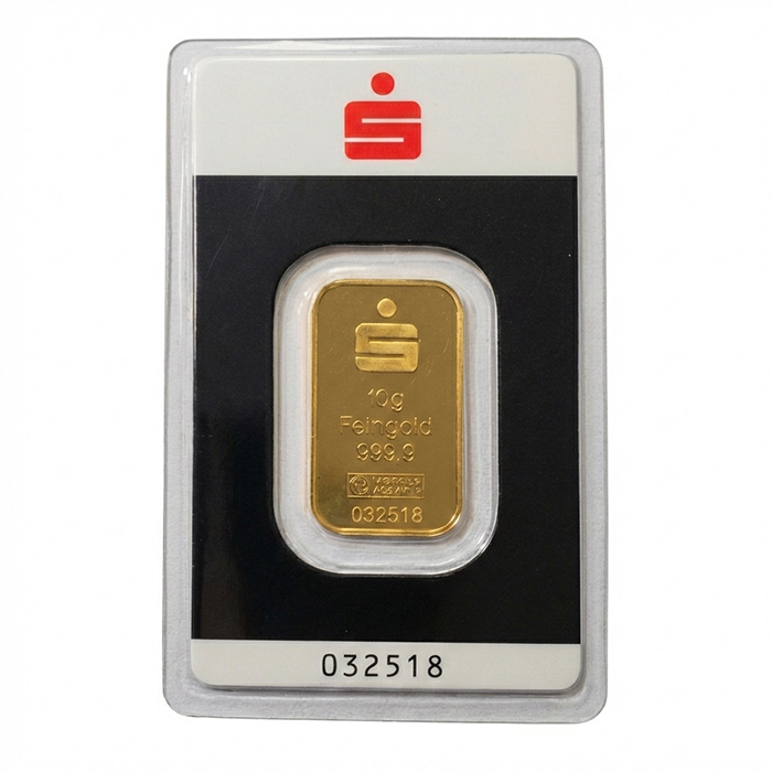 Sparkasse 10 Gramm Kinebar Goldbarren Vorderseite Argor Heraeus