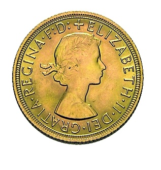 Vorderseite der Sovereign Goldmünze mit dem Porträt des jeweiligen britischen Monarchen