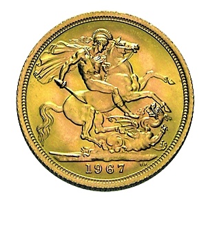Rückseite der Sovereign Goldmünze mit dem Motiv des Heiligen Georg im Kampf gegen den Drachen.