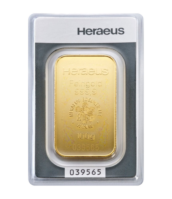 100 Gramm Goldbarren geprägt von Heraeus