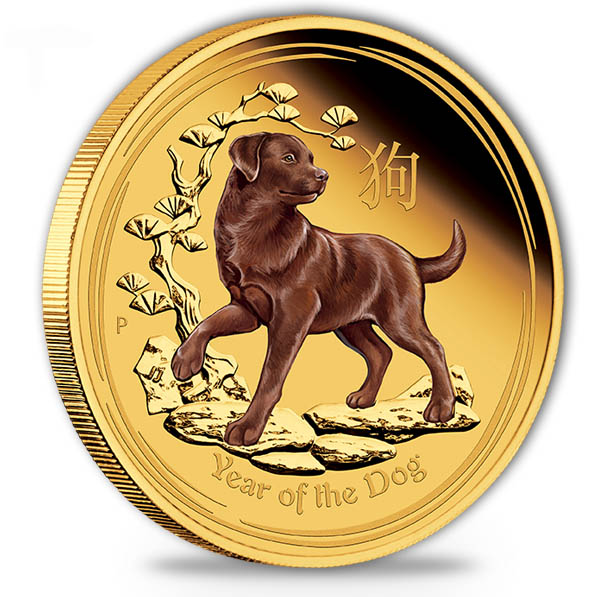 Lunar II - Hund - 1 Oz Gold Proof - farbig - Box + COA
