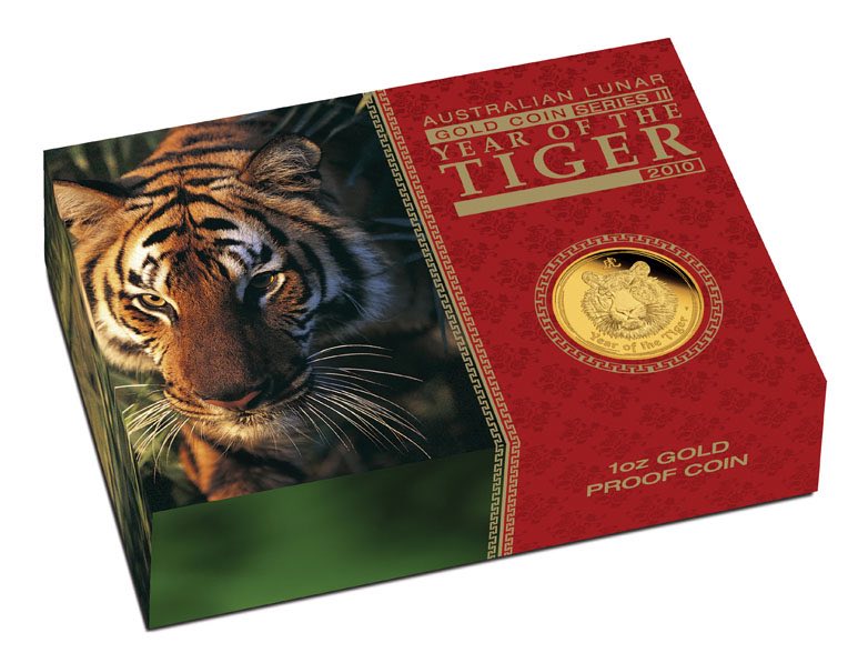 Verpackung Lunar TIger Goldmünze 1 Unze Polierte Platte