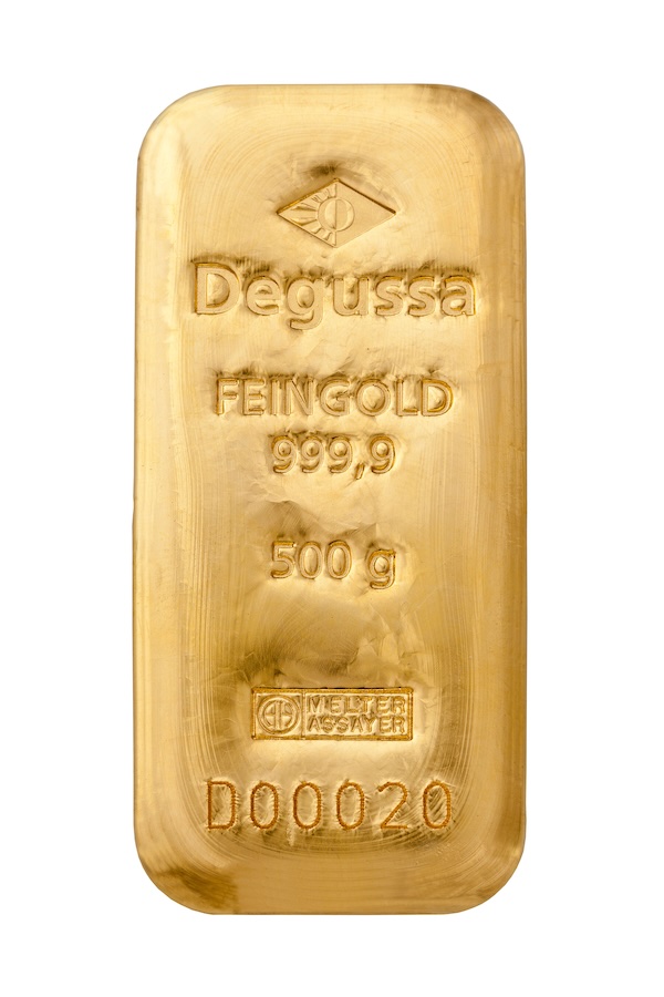 Degussa 500 Gramm Goldbarren Feingold 999.9 gegossen