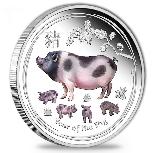 Lunar II Schwein 1 Unze Silber Proof farbig 2019
