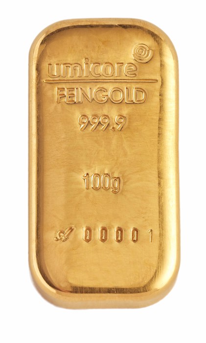 Umicore 100 Gramm Goldbarren gegossen