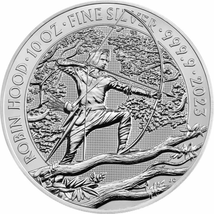 Motivseite der 10 oz Silbermünze Robin Hood 2023 der Royal Mint UK.