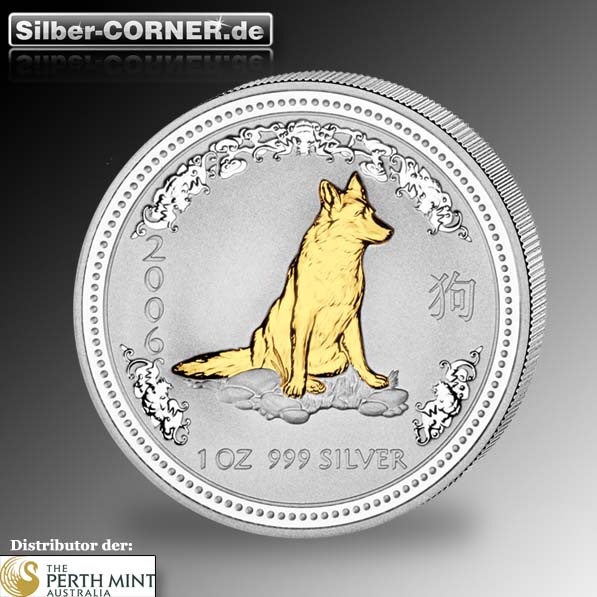 Lunar I - Hund - 1 Oz Silber vergoldet 2006 +Box +COA*