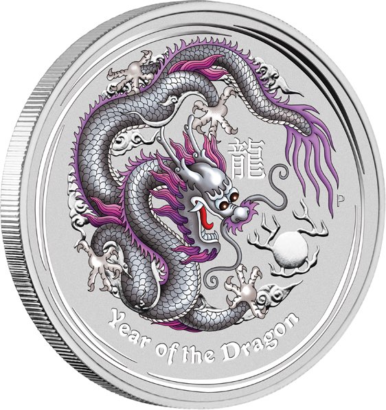 Lunar II Drache 1 Unze Silbermünze silberfarbig coloriert 2012 