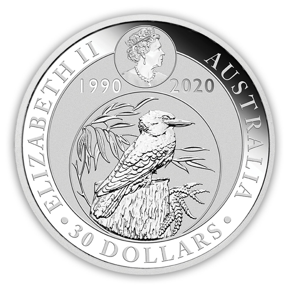 30 Jahre Kookaburra 1 KG Silbermünze 2020 mit Nennwert 30 Dollar
