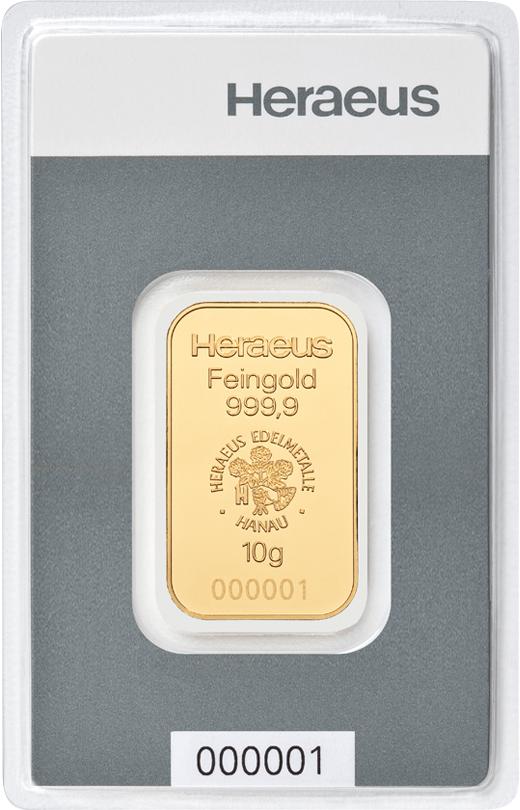 Heraeus 10 Gramm Gold Kinebarren im Blister