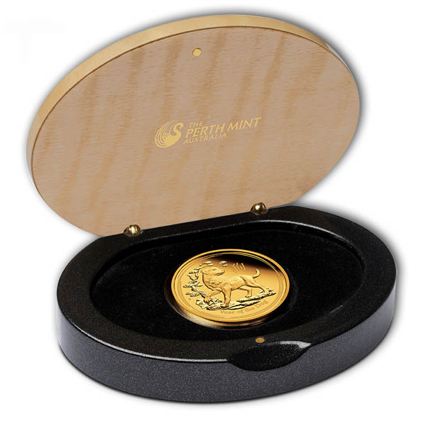 Sammlerbox aus Holz Lunar 2 Hund 1 Unze Gold 2018