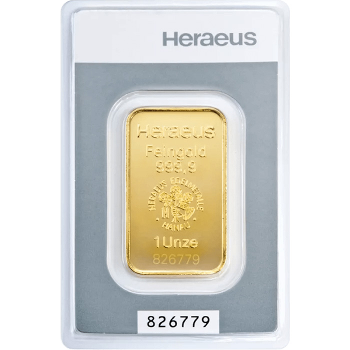Vorderseite Heraeus 1 Oz Goldbarren Kinebar in Blisterverpackung