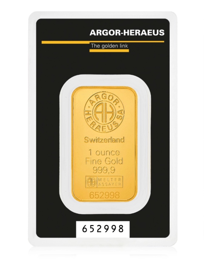 Argor-Heraeus 1 Unze Goldbarren aus .9999 Feingold im schwarzen Sicherheitsblister.