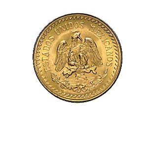Rückseite der 2,5 Pesos Goldmünze Mexiko mit dem Staatswappen (Adler auf Kaktus).