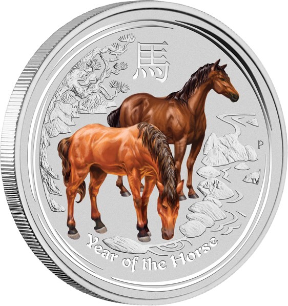 Lunar II Jahr des Pferdes 5 Unzen Silber 2014 farbig Motivseite