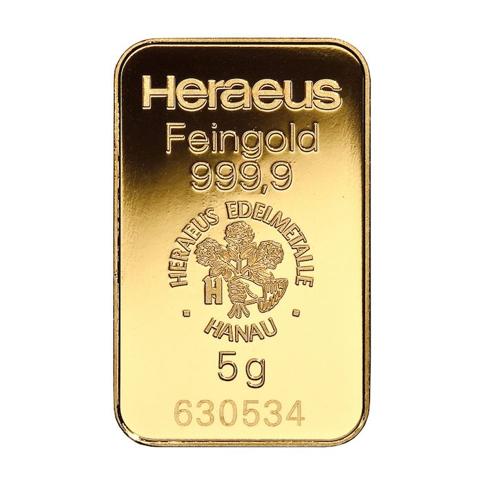 5 Gramm Heraeus Goldbarren Mood Shot