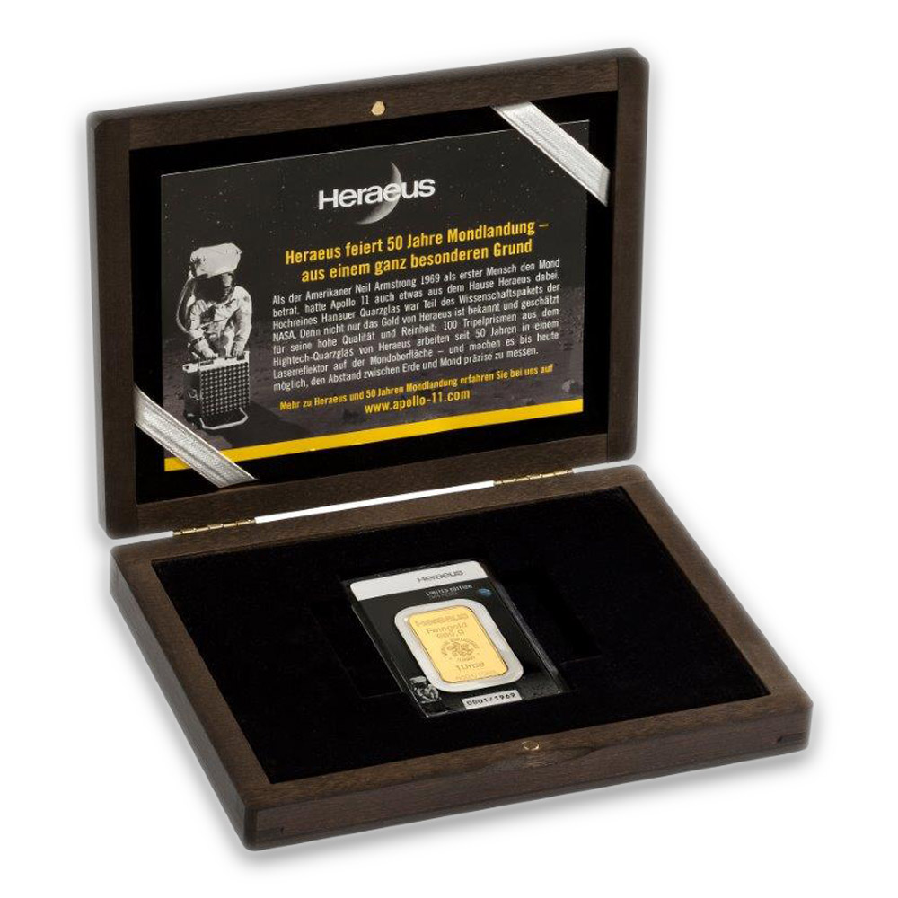 1 Unze Heraeus Mondlandung Goldbarren Holzbox