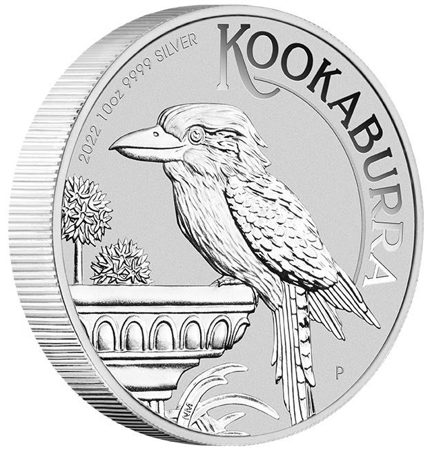 Motivseite der 10 oz Silbermünze Kookaburra 2022 mit Vogeltränke-Design.