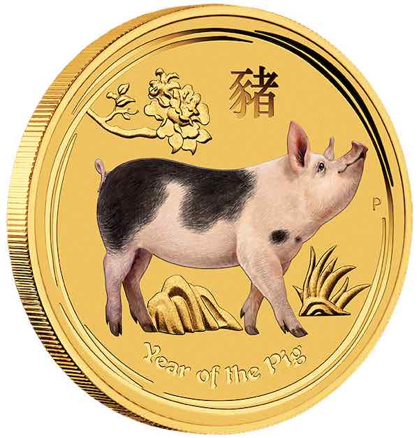 Lunar Serie II Jahr des Schwein 1/10 Unze Gold farbig 2019