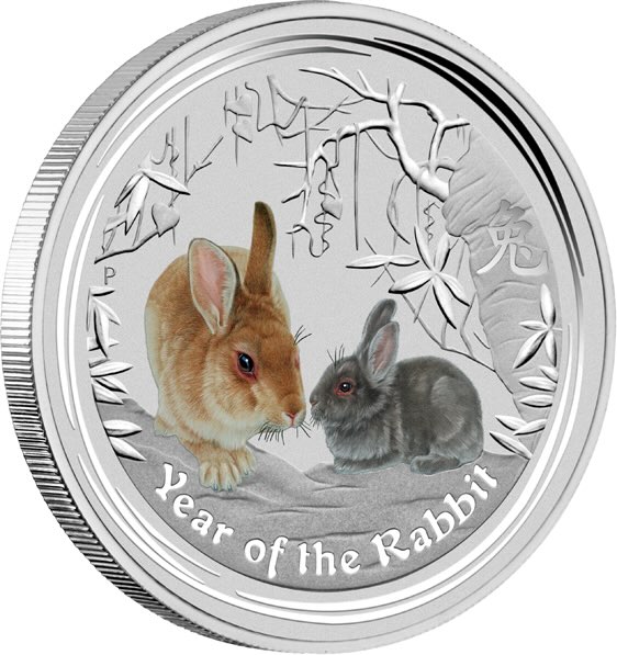Lunar II Hase 2 Oz Silbermünze farbig 2011