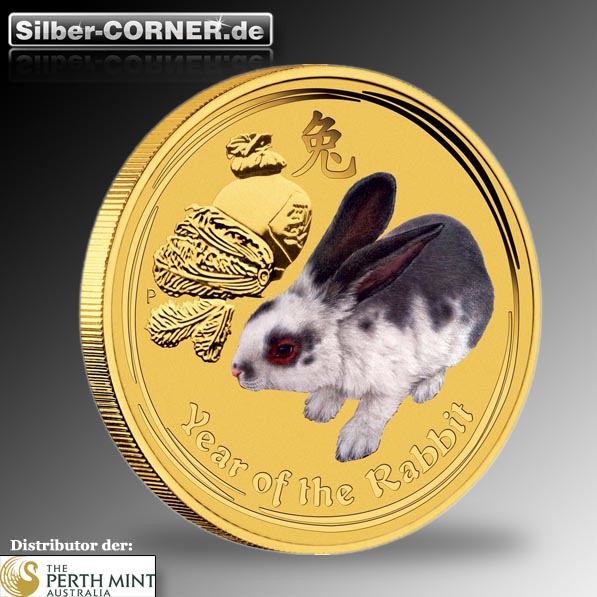Jahr des Hasen Goldmünze coloriert 1/20 Oz