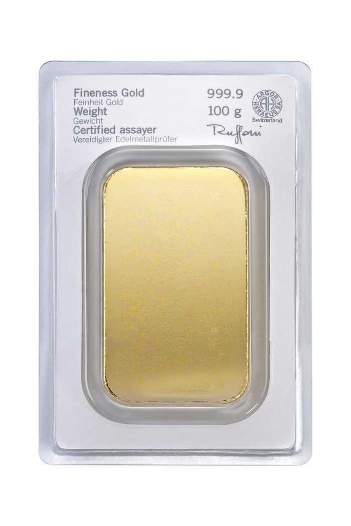 Rückseite 100 Gramm Heraeus goldbarren geprägt