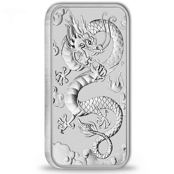 Vorderseite der rechteckigen 1 oz Silbermünze Drache 2019 der Perth Mint
