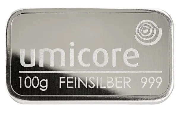 Umicore 100 Gramm Silberbarren Vorderseite Logo und Feinheit