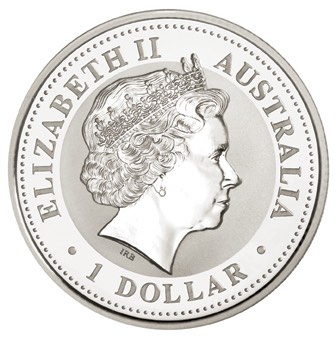 Wertseite der 1 oz Silbermünze Lunar I Affe 2004 mit Königin Elizabeth II.