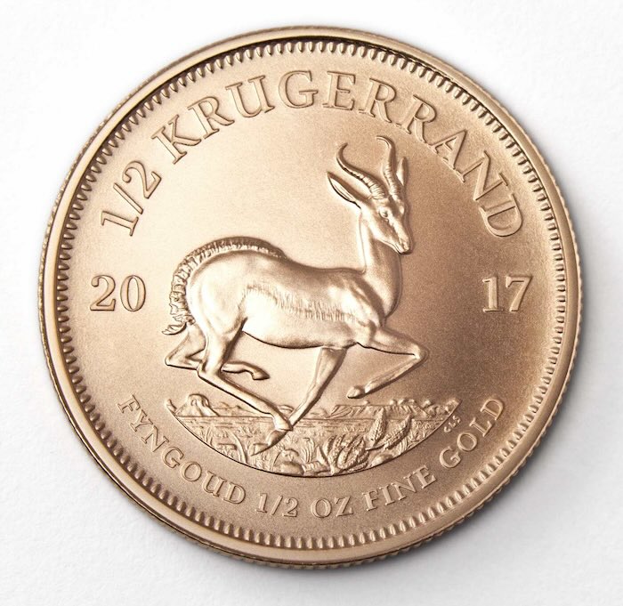 Rückseite der 1/2 oz Goldmünze Krügerrand mit dem Springbock-Motiv.