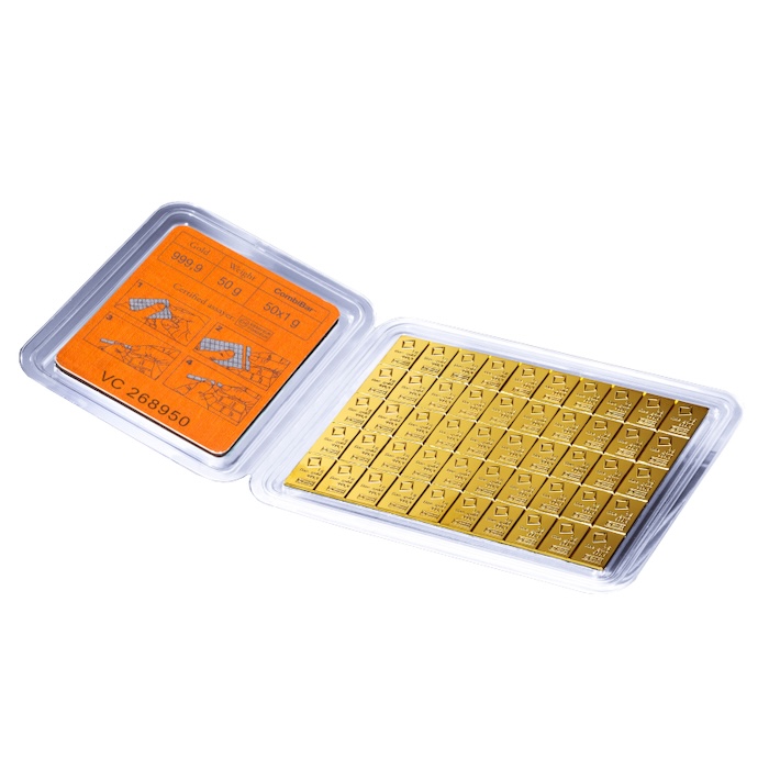 Valcambi 50 x 1 Gramm Gold Combibar im Blister von Vorne