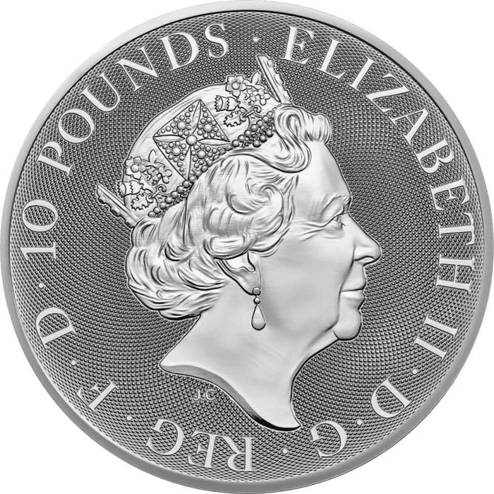 Wertseite der 10 oz Silbermünze Robin Hood 2023 mit dem Porträt des Monarchen.