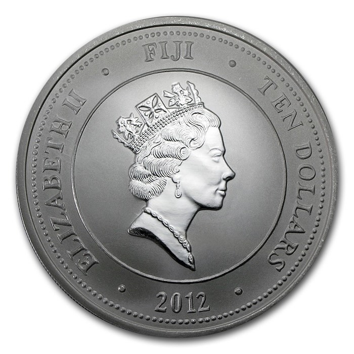 Fiji Taku 2012 5 Unzen Silbermünze Vorderseite Queen Elizabeth II Nennwert