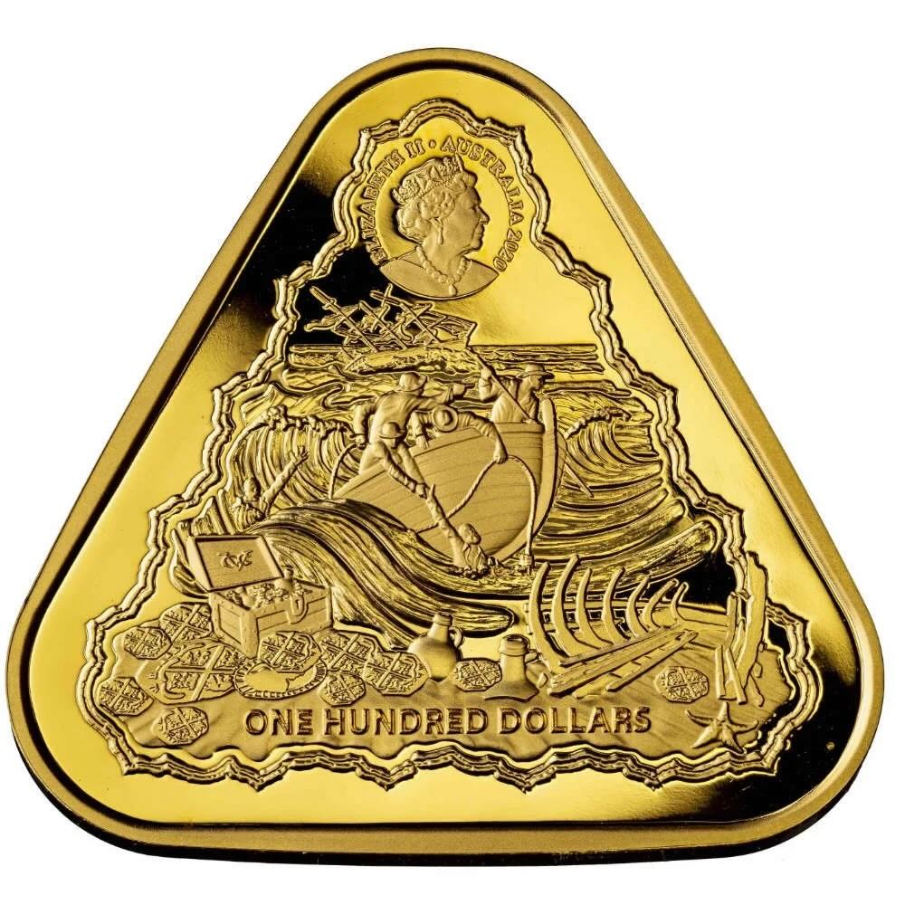 Rückseite der dreieckigen 1 oz Goldmünze Vergulde Draeck 2020 mit Queen Elizabeth II. Porträt.