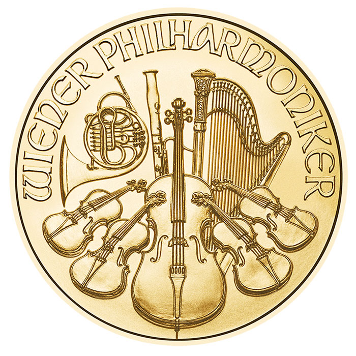 Motivseite der 1/10 oz Goldmünze Wiener Philharmoniker 2026 mit den Instrumenten des Orchesters.