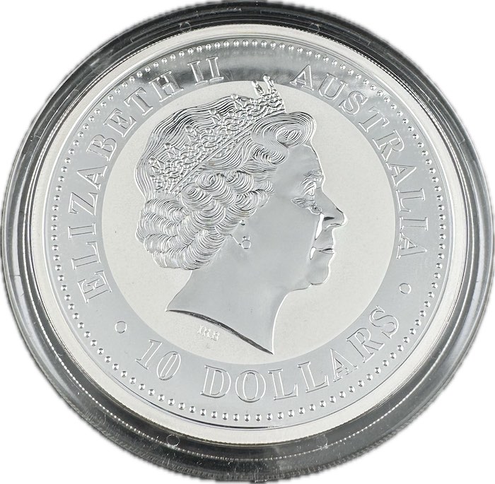 Wertseite der 10 oz Silbermünze Kookaburra 2008 mit Königin Elizabeth II.