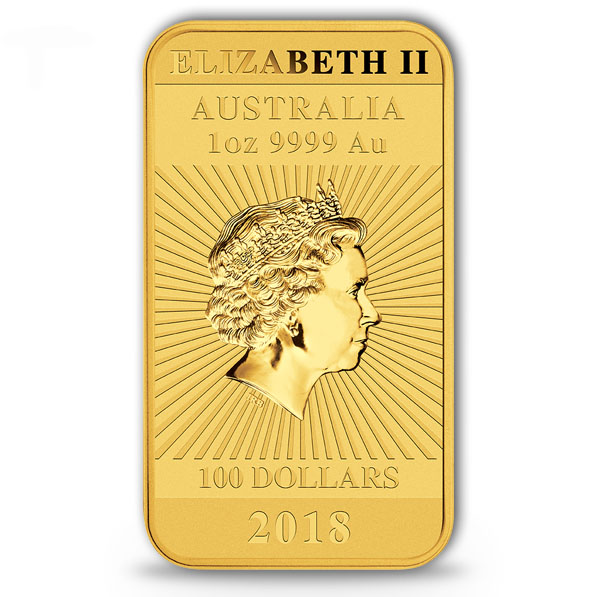 Rückseite der rechteckigen Goldmünze Drache 2018 mit Queen Elizabeth II.