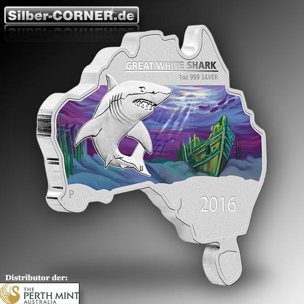 Australische Landkarte 1 Oz Silber mit Weisser Hai